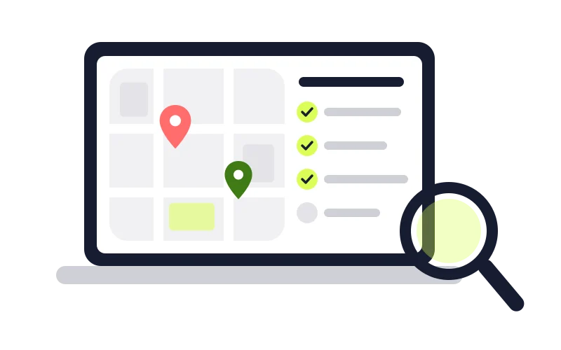 Ilustración de un panel de gestión de servicios en campo con mapa y lista de criterios