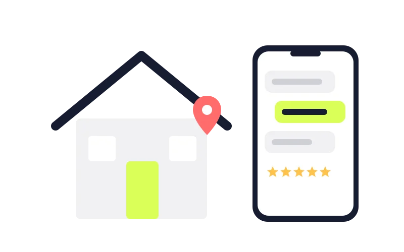 Ilustración de una casa con un técnico a domicilio y avisos en el celular del cliente