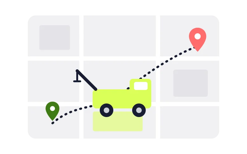 Ilustración de un mapa con unidades de servicio y rutas de despacho